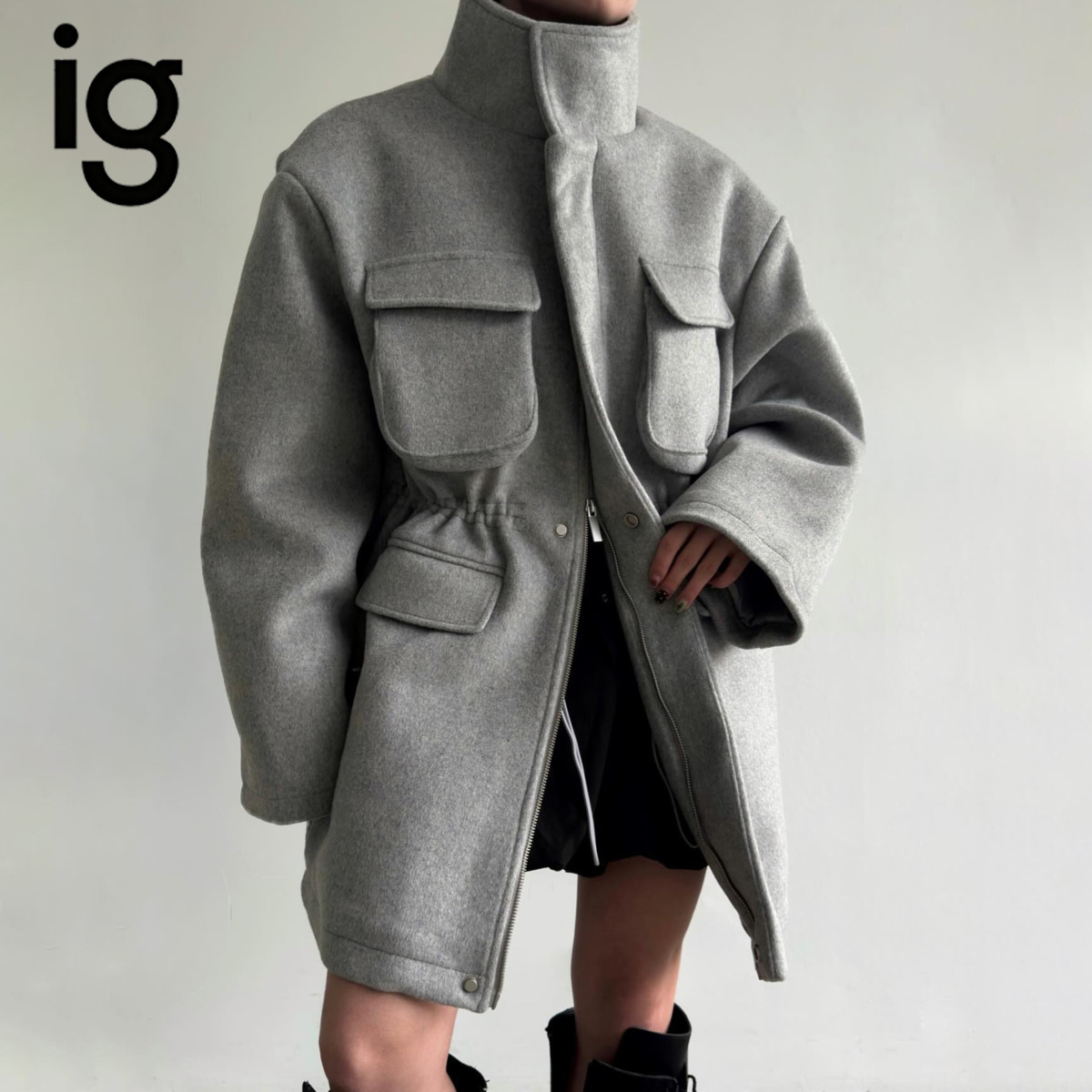 Wool Blend Coat - IG Women High Stand Collar Drawstring