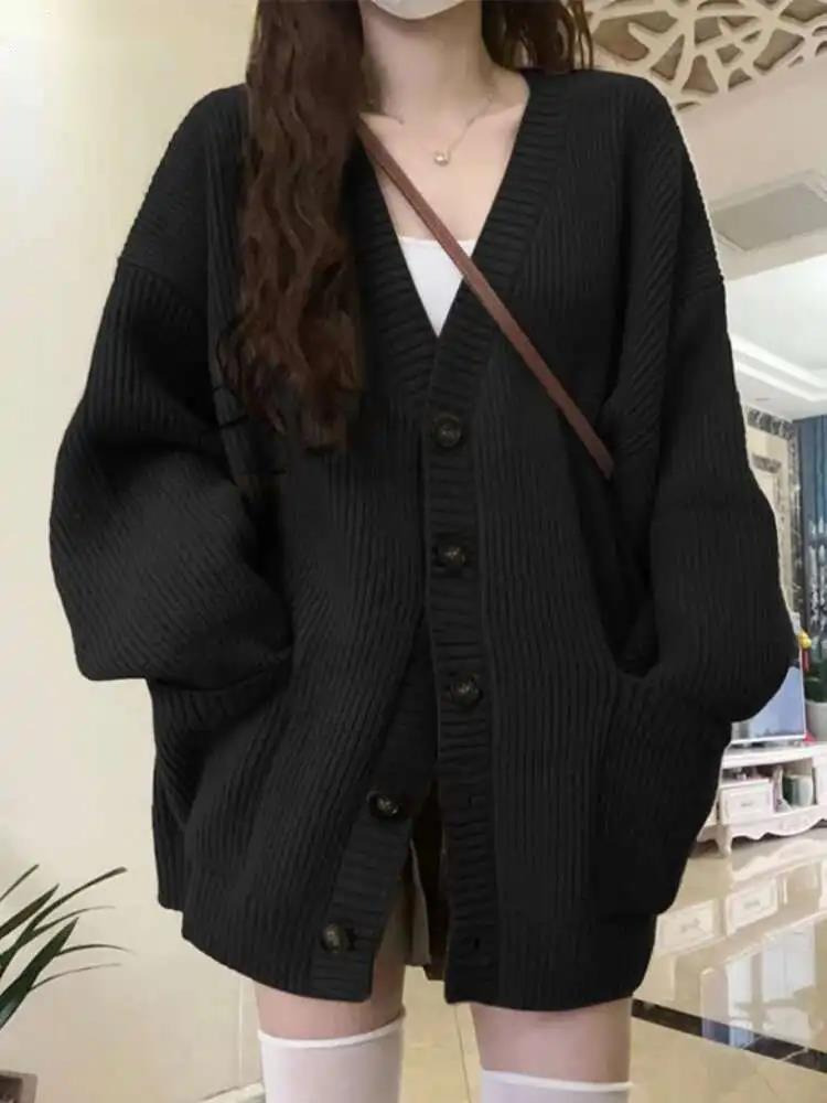Wool Blend Coat - Loose Cardigan Women Long Sleeve V-neck
